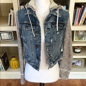 Free People Distressed Denim Hoodie Sweatshirt Jacket Size XS